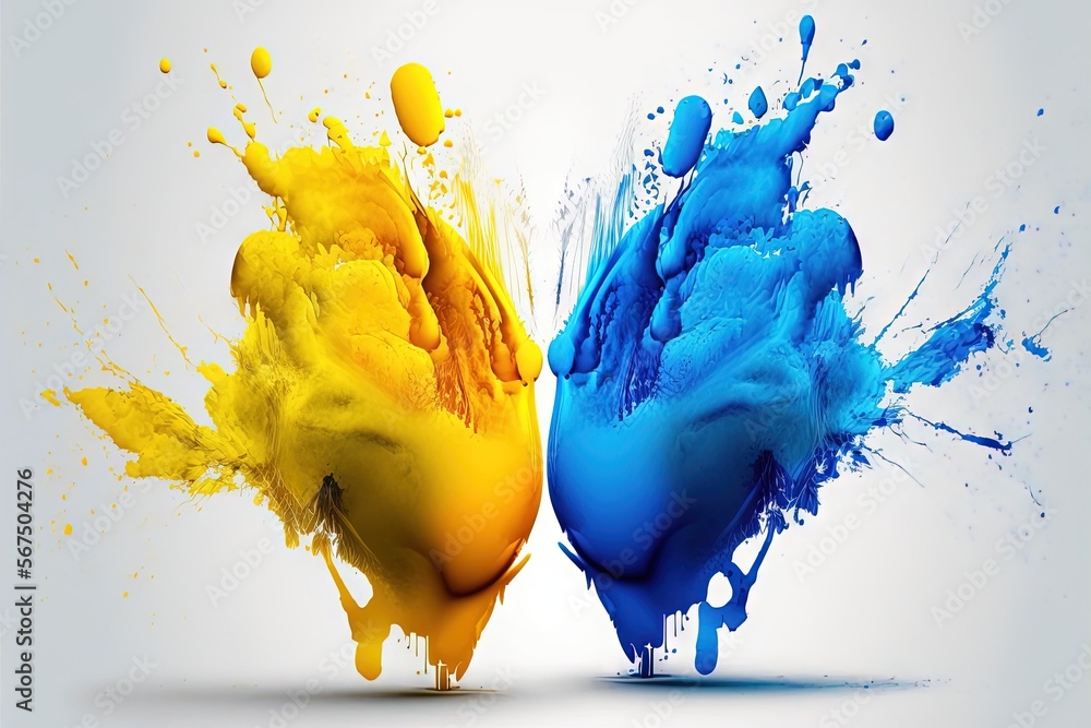 Poster a blue and yellow paint splashing on each other in the shape of a butterfly on a white background wi