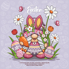 Fototapeta premium Happy Easter With Lady Gnome, Flower, Carrot, And Egg. Cute Cartoon Illustration