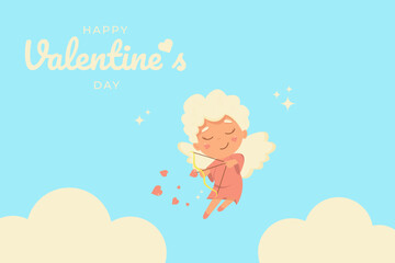 Cupid Love silhouette with bow and arrow. Valentines day banner. Vector flat illustration