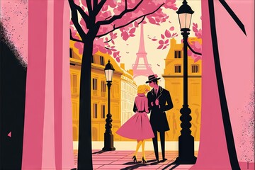  a man and a woman are standing under a tree in front of the eiffel tower, paris, france, in a pink and black and yellow poster style.  generative ai