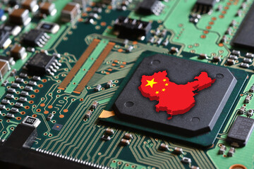 Map and Flag of the Republic of China on microchips of a printed electronic card. Concept for supremacy in global microchip and semiconductor manufacturing.