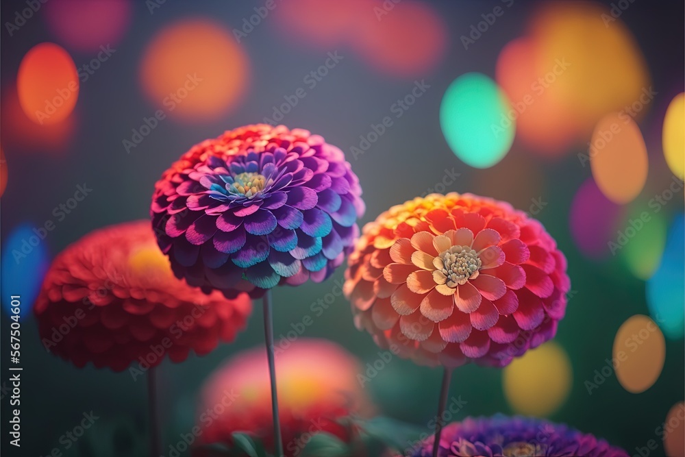Poster a group of colorful flowers sitting on top of a green field of grass with a blurry background behind