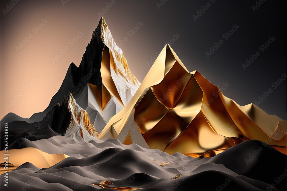 Poster a computer generated image of a mountain with gold and white mountains in the background and a dark 