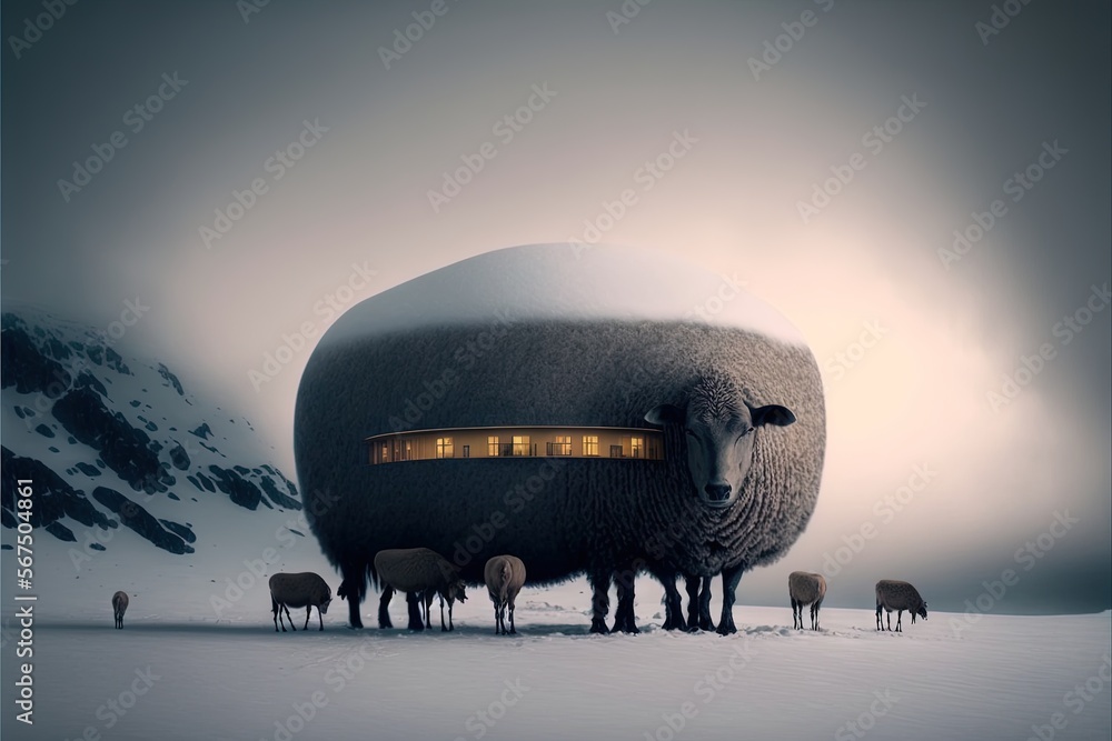 Poster a group of sheep standing in the snow next to a building with a light on it's side and a group of sh