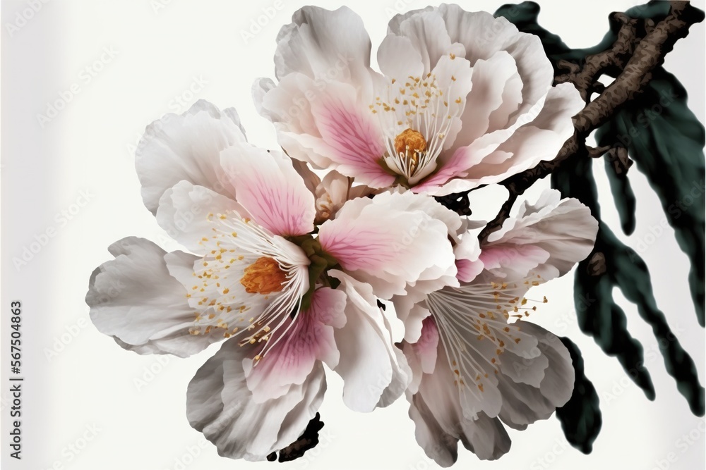Poster a white and pink flower on a branch of a tree with green leaves on a white background with a light r