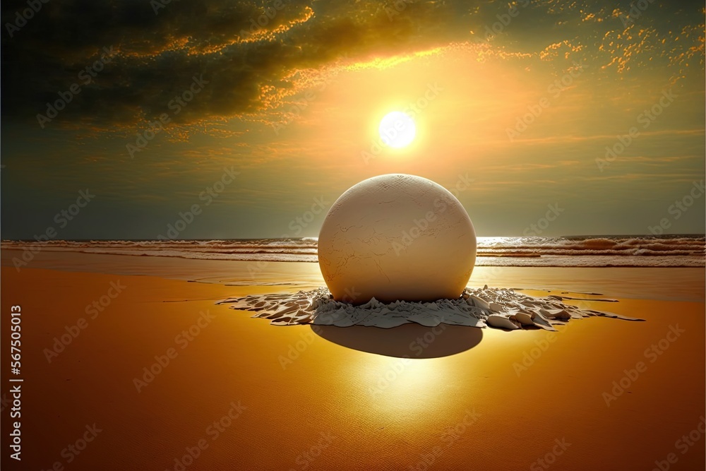 Poster a large egg sitting on top of a sandy beach next to the ocean under a cloudy sky with the sun settin