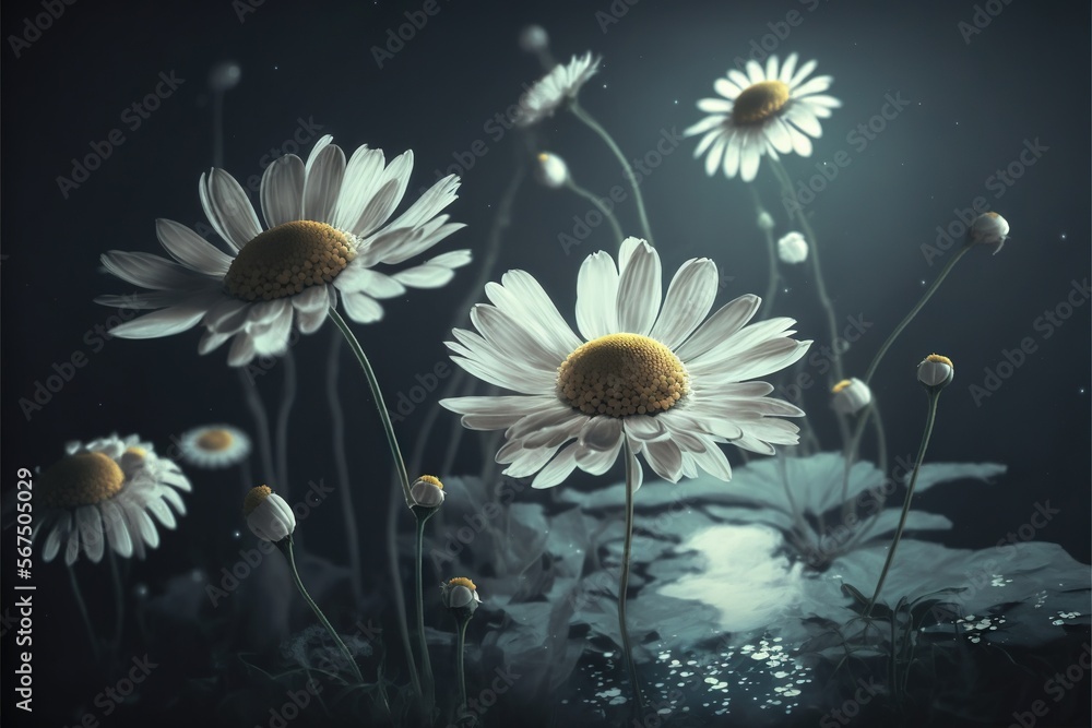 Poster a group of daisies in a field with water droplets on the petals and a dark background with a light s