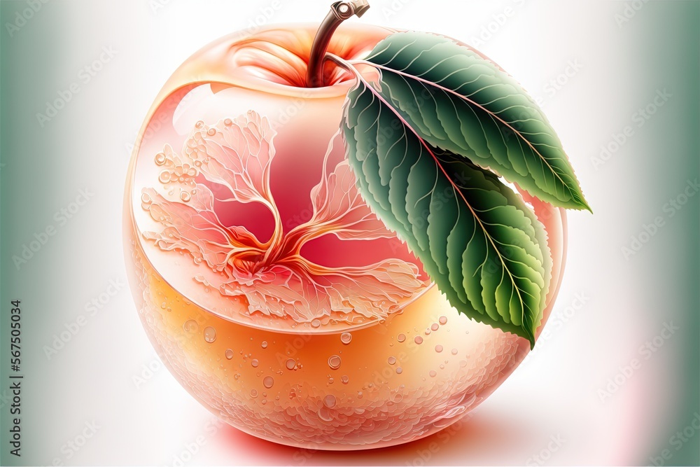 Poster an apple with a leaf on top of it and water droplets on the bottom of the apple, and a green leaf on