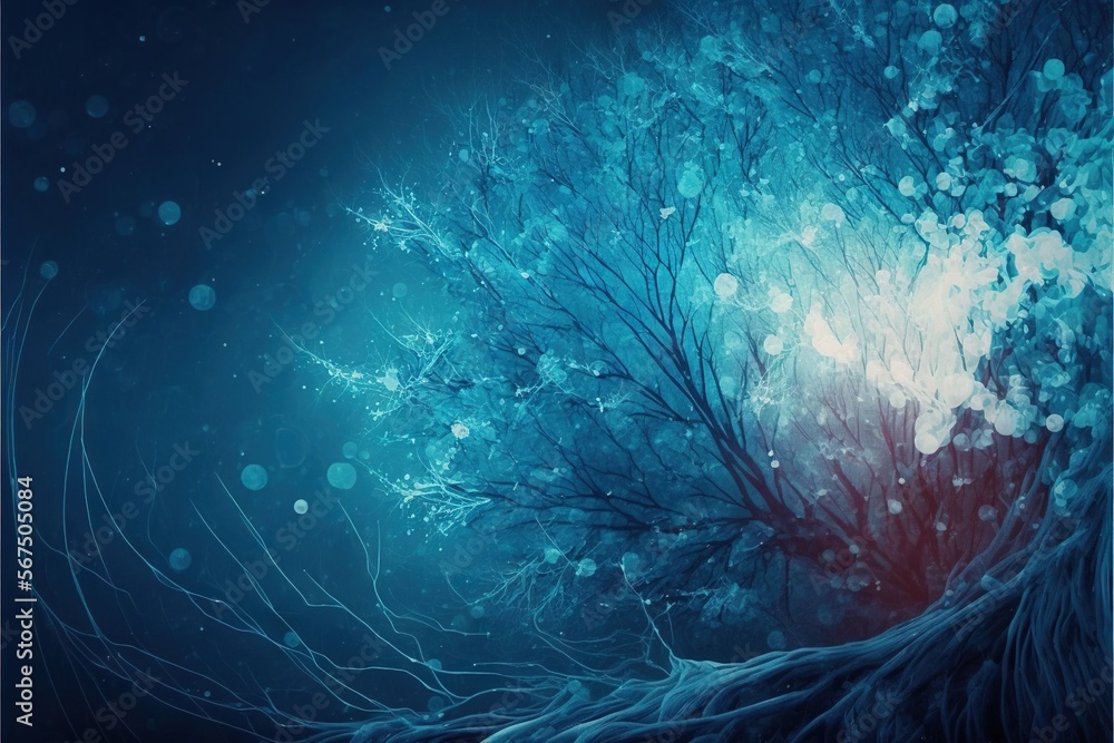 Aufkleber a painting of a tree with blue leaves and a red light in the center of the tree is a red light in th