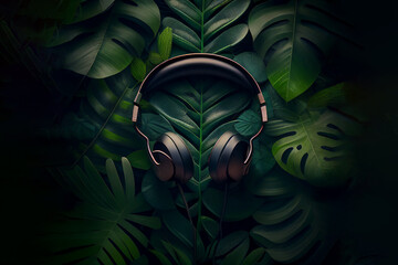 AI illustration of modern headphones that are designed to connect with nature - air purifying headphones concept