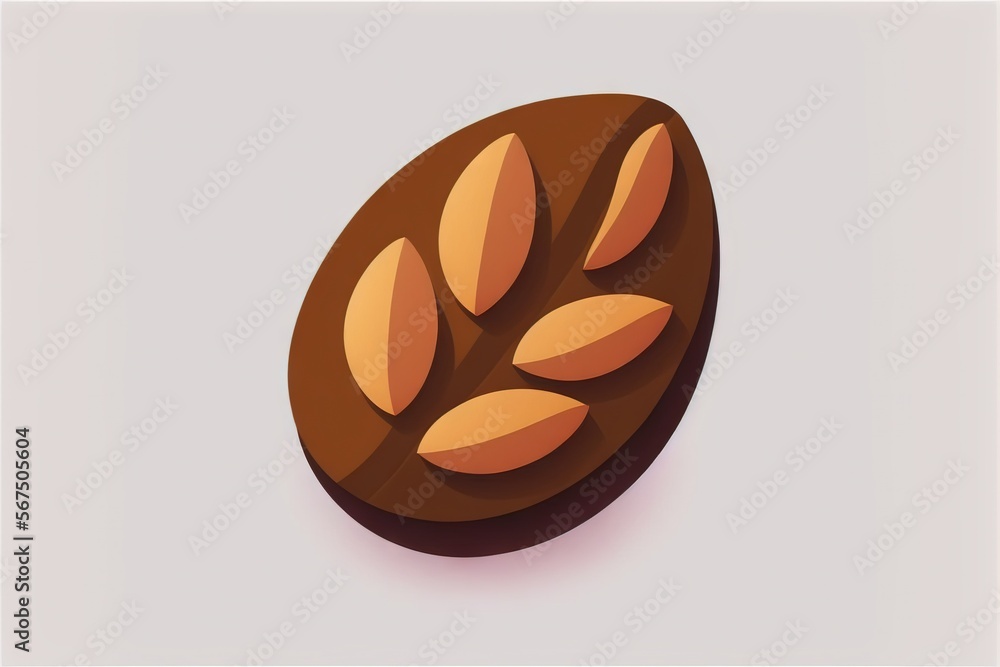 Poster a piece of bread with a leaf on it's side, on a white background, with a shadow of the bread on the 