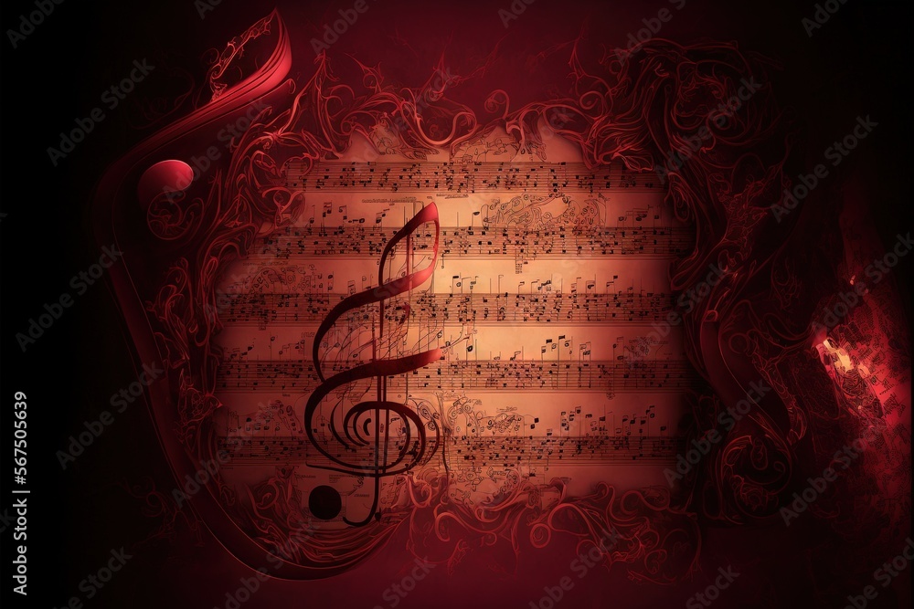 Sticker  a music background with a treble and notes on it with a red light in the middle of the image and a red light in the middle of the background.  generative ai