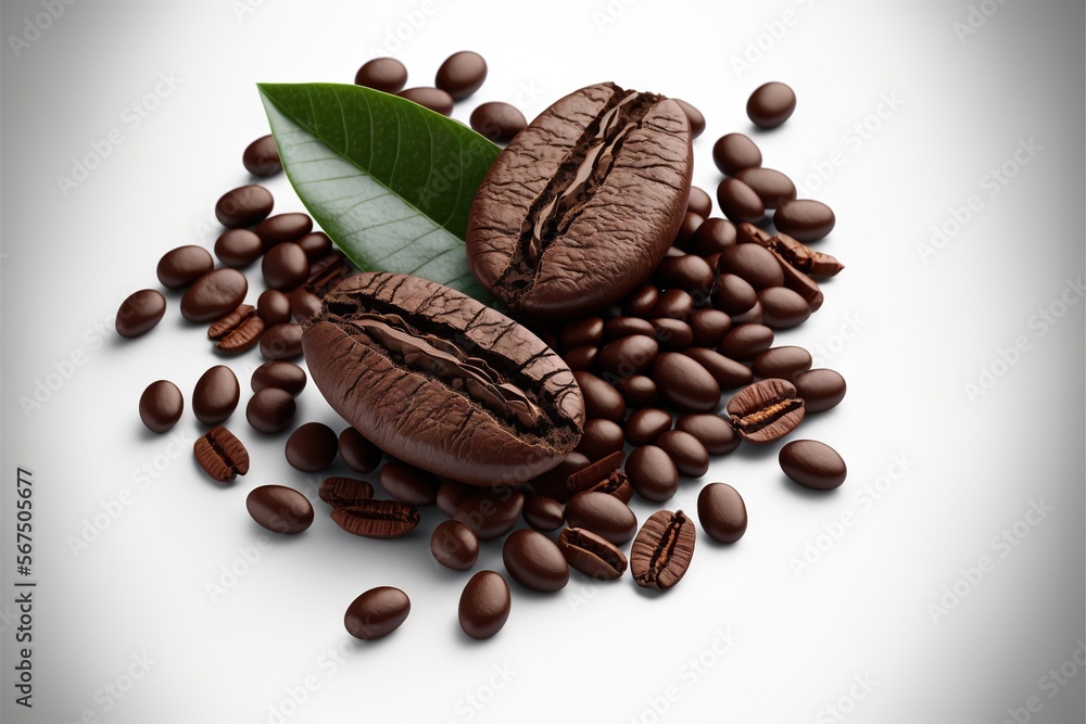 Poster a pile of coffee beans with a green leaf on top of it and coffee beans scattered around it on a whit