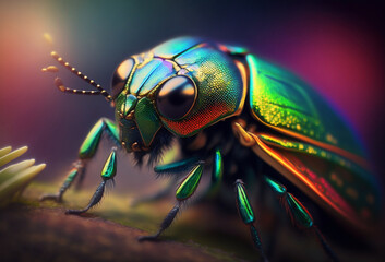 Close-up of an Insect with Vibrant Colors, Jewel Beetles on a leaf, Wildlife, Macro Shot, Generative AI Digital Illustration - obrazy, fototapety, plakaty