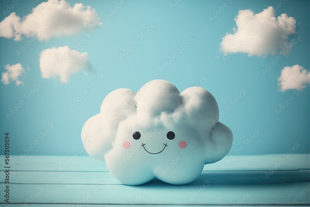 Poster a white cloud with a smiley face on a blue background with clouds in the sky above it and a blue sky