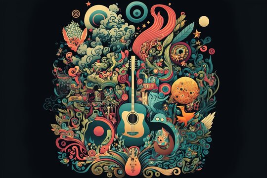  a colorful illustration of a guitar surrounded by plants and other things on a black background, with a black background and a black background with a.  generative ai