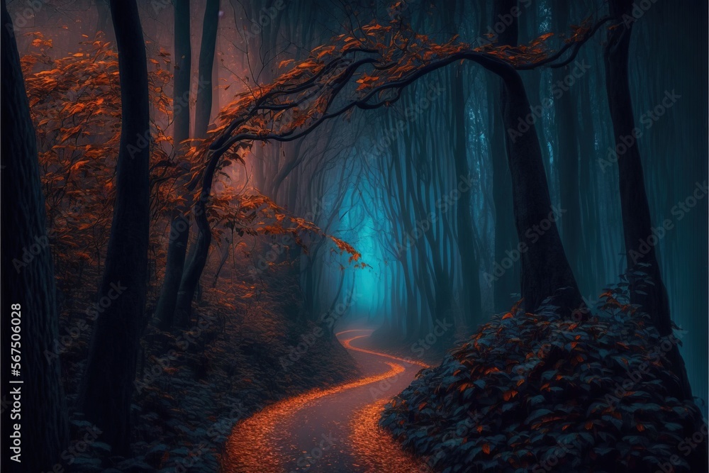 Poster a path in the middle of a forest with a light at the end of the road in the middle of the forest is 