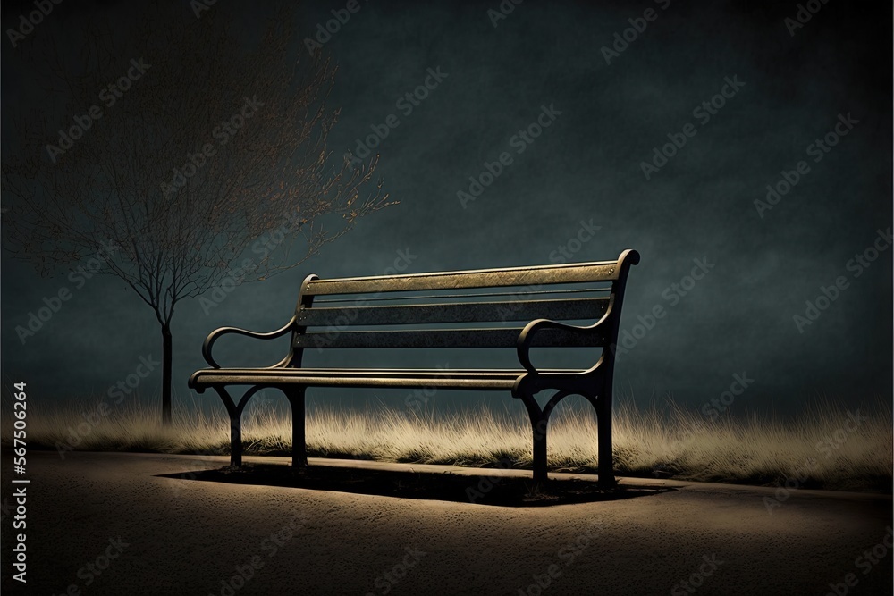 Aufkleber a park bench sitting in the middle of a field at night time with a tree in the background and a dark