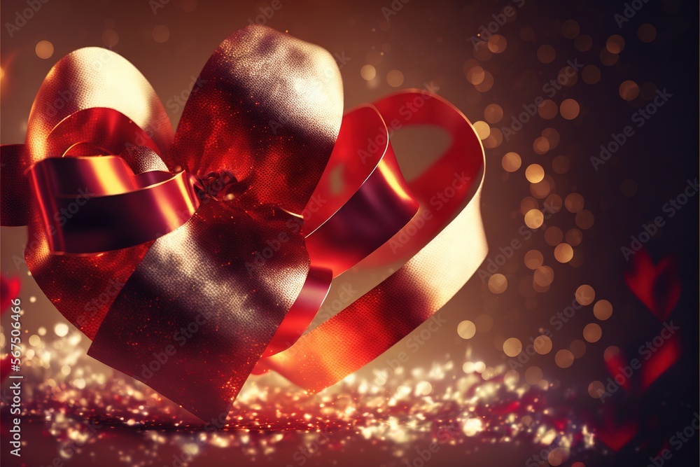 Poster a red ribbon with a heart shaped bow on a shiny surface with a boket of light in the background and 