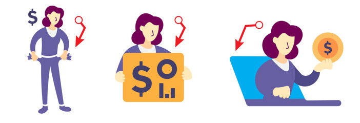 set of finance, economy and trading related concepts (Online finance, bankruptcy, market research) market crash/recession vector illustrations.