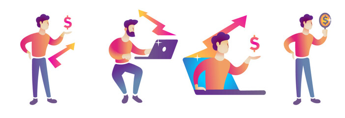 set of finance, economy and trading related concepts (Online finance, exchange, profit, market research) market recovery and gain vector illustrations.
