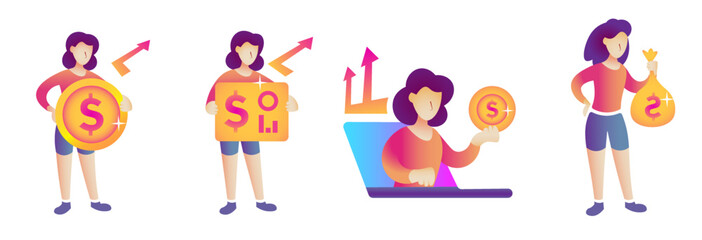 set of finance, economy and trading related concepts (Online finance, exchange, profit, market research) market recovery and gain vector illustrations.