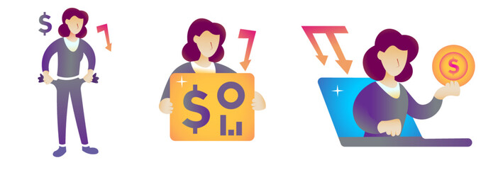 set of finance, economy and trading related concepts (Online finance, bankruptcy, market research) market crash/recession vector illustrations.