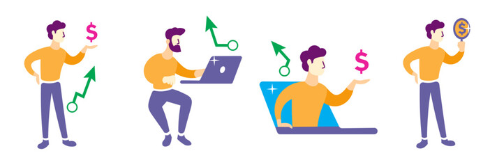 set of finance, economy and trading related concepts (Online finance, exchange, profit, market research) market recovery and gain vector illustrations.