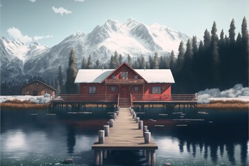  a painting of a red house on a lake with a dock and mountains in the background with snow on the ground and a dock in the foreground.  generative ai