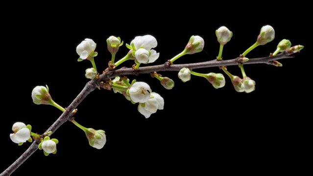 Time Lapse of flowering white flowers of cherry plum on tree branch isolated on background. Spring time-lapse of opening flowers of wild plum, close-up.