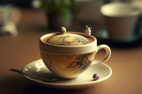  a cup of tea with a tiny toy man on top of it on a saucer with a spoon in front of a coffee cup.  generative ai