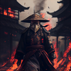 Samurai walking away from burning city, ai art, detailed