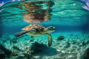  a turtle swimming in the ocean with a person in the background looking at it's back and head above the water's surface.  generative ai