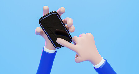 Cartoon hand holding and touching phone mockup template. cartoon hands with smartphone, scrolling or searching with blue background.. 3D render, 3D illustration.