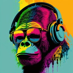 dj gorilla  with headphones and sunglasses color illustration