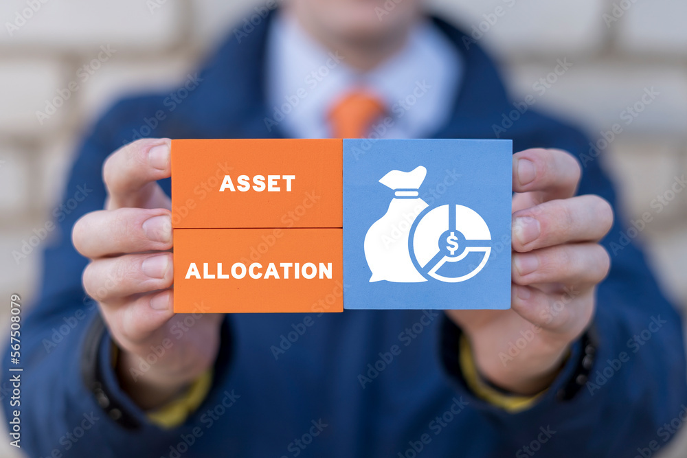 Poster asset allocation. business, technology, internet and network concept. businessman holding colorful b