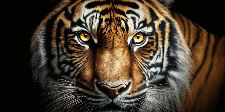 tête de tigre en gros plan, regard perçant, gros plan sur fond noir - illustration ia