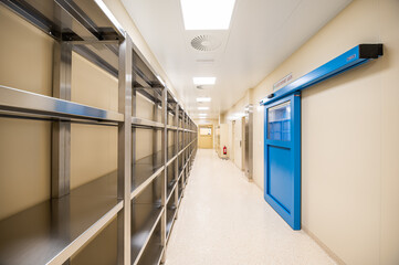 corridor in the hospital with Steel rack, door and LED lighting
