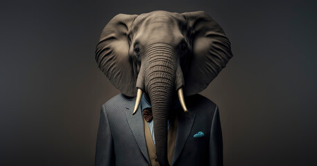 Elephant dressed in a formal business suit. anthropomorphic businessman. Generative AI
