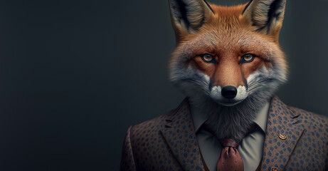 Fototapeta premium Fox dressed in a formal business suit. anthropomorphic businessman. Generative AI