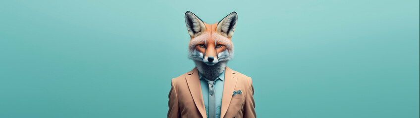 Fox dressed in a formal business suit with a pastel background. anthropomorphic businessman. Generative AI