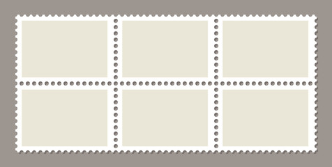 Empty post stamp. Postal shapes border. Collection paper postmarks for mail letter. Postage stamps set. Blank frames isolated on gray background. Vector illustration.