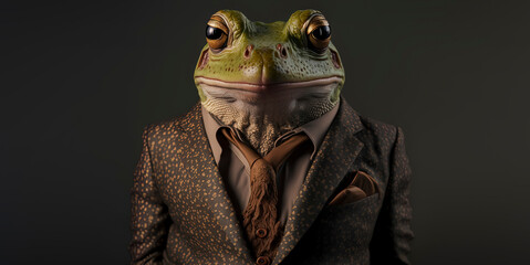 Frog dressed in a formal business suit. anthropomorphic businessman. Generative AI