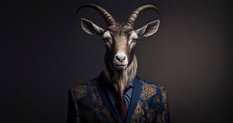 Goat dressed in a formal business suit. anthropomorphic businessman. Generative AI
