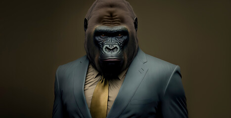 Gorilla dressed in a formal business suit. anthropomorphic businessman. Generative AI