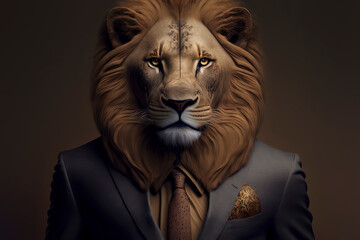 Lion dressed in a formal business suit. anthropomorphic businessman. Generative AI