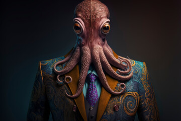 Obraz premium Octopus dressed in a formal business suit. anthropomorphic businessman. Generative AI