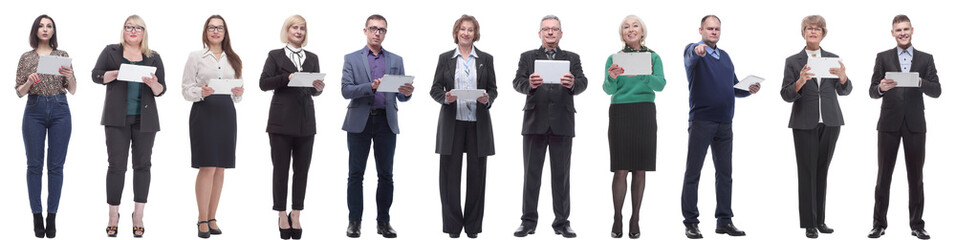 group of people demonstrating tablet looking at camera
