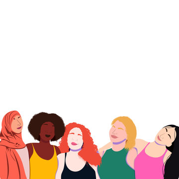 Ilustraci&oacute;n colorida del 8 de Marzo Dia Internacional de la Mujer. Grupo de diferentes mujeres. Lugar para el texto, sin fondo.