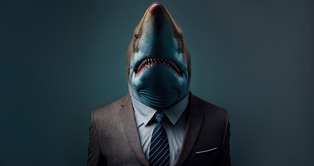 Shark dressed in a formal business suit. anthropomorphic businessman. Generative AI